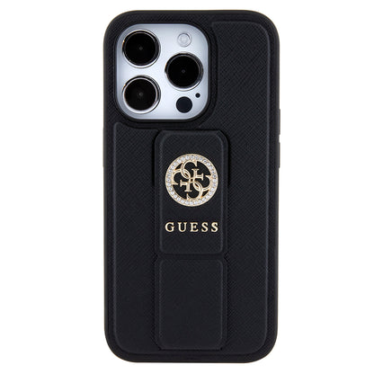 Puzdro pre Apple iPhone 15 Pro, Guess, Grip Stand 4G Saffiano Strass, Čierne