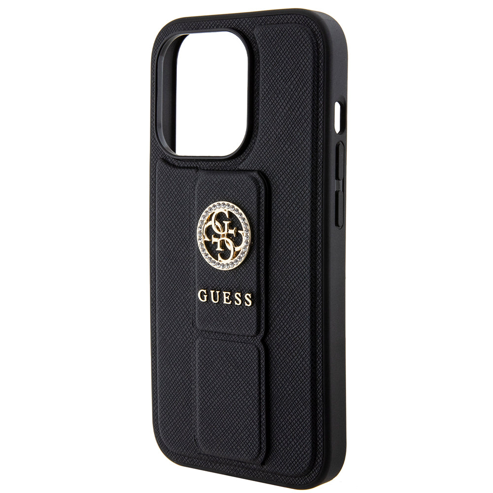 Puzdro pre Apple iPhone 15 Pro, Guess, Grip Stand 4G Saffiano Strass, Čierne