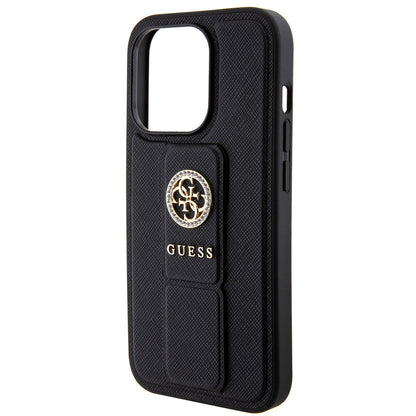 Puzdro pre Apple iPhone 15 Pro, Guess, Grip Stand 4G Saffiano Strass, Čierne