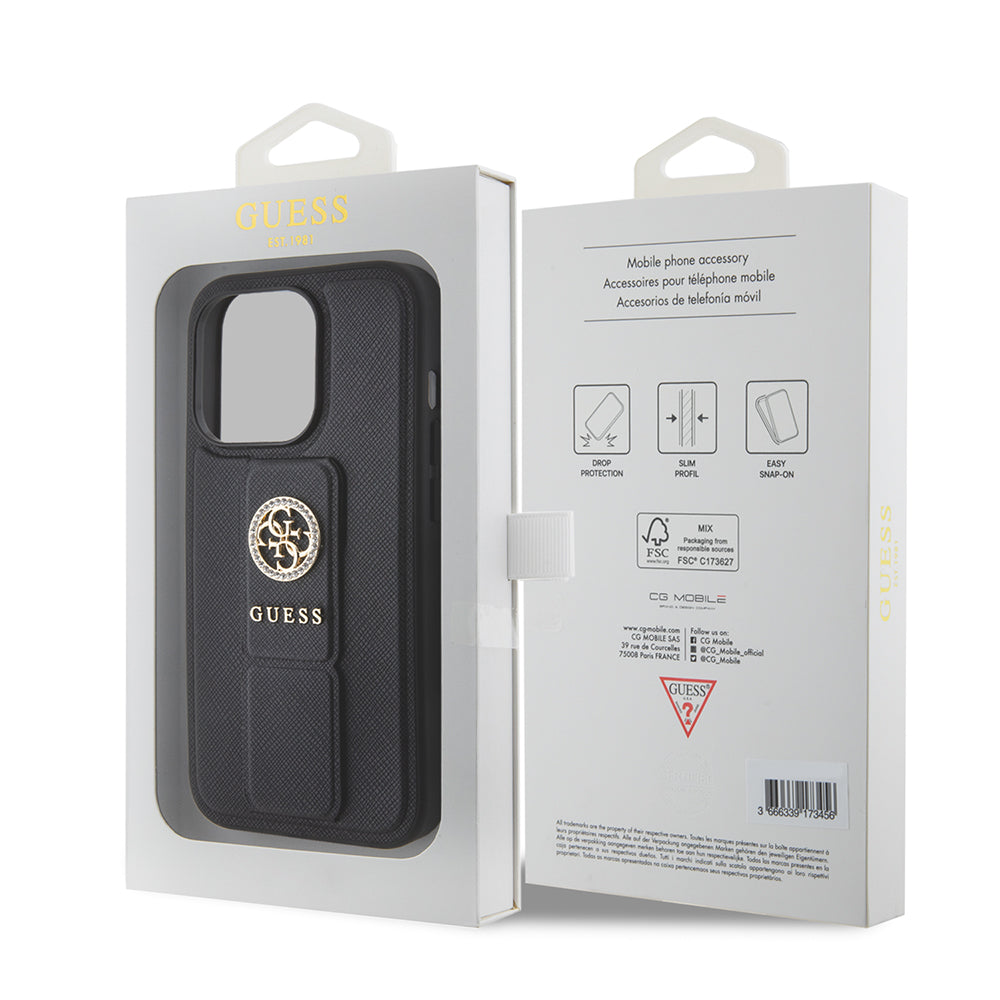 Puzdro pre Apple iPhone 15 Pro, Guess, Grip Stand 4G Saffiano Strass, Čierne