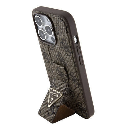 Puzdro pre Apple iPhone 15 Pro, Guess, Grip Stand 4G Triangle Strass, Hnedé
