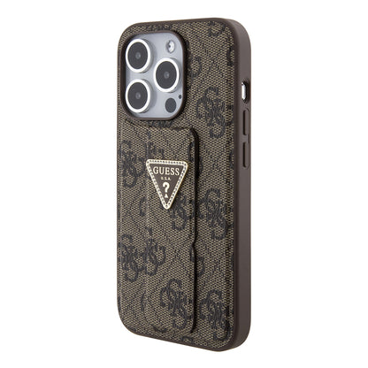Puzdro pre Apple iPhone 15 Pro, Guess, Grip Stand 4G Triangle Strass, Hnedé