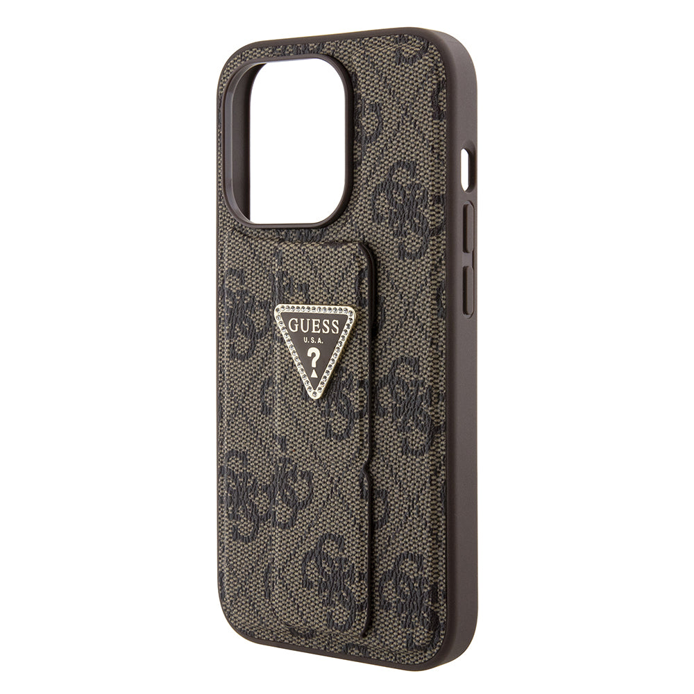 Puzdro pre Apple iPhone 15 Pro, Guess, Grip Stand 4G Triangle Strass, Hnedé