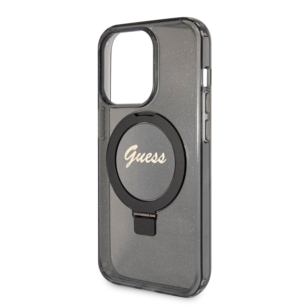 MagSafe Case for Apple iPhone 15 Pro, Guess, IML Ring Stand Glitter, Black