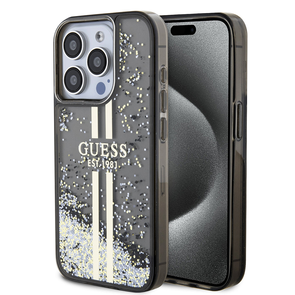 Puzdro pre Apple iPhone 15 Pro, Guess, Liquid Glitter Gold Stripe, Čierne