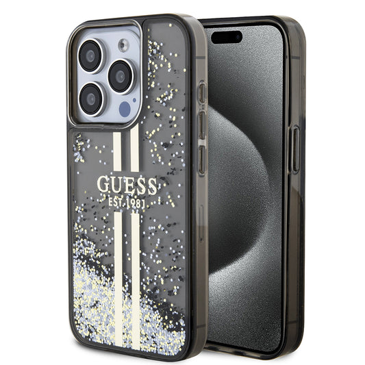 Puzdro pre Apple iPhone 15 Pro, Guess, Liquid Glitter Gold Stripe, Čierne
