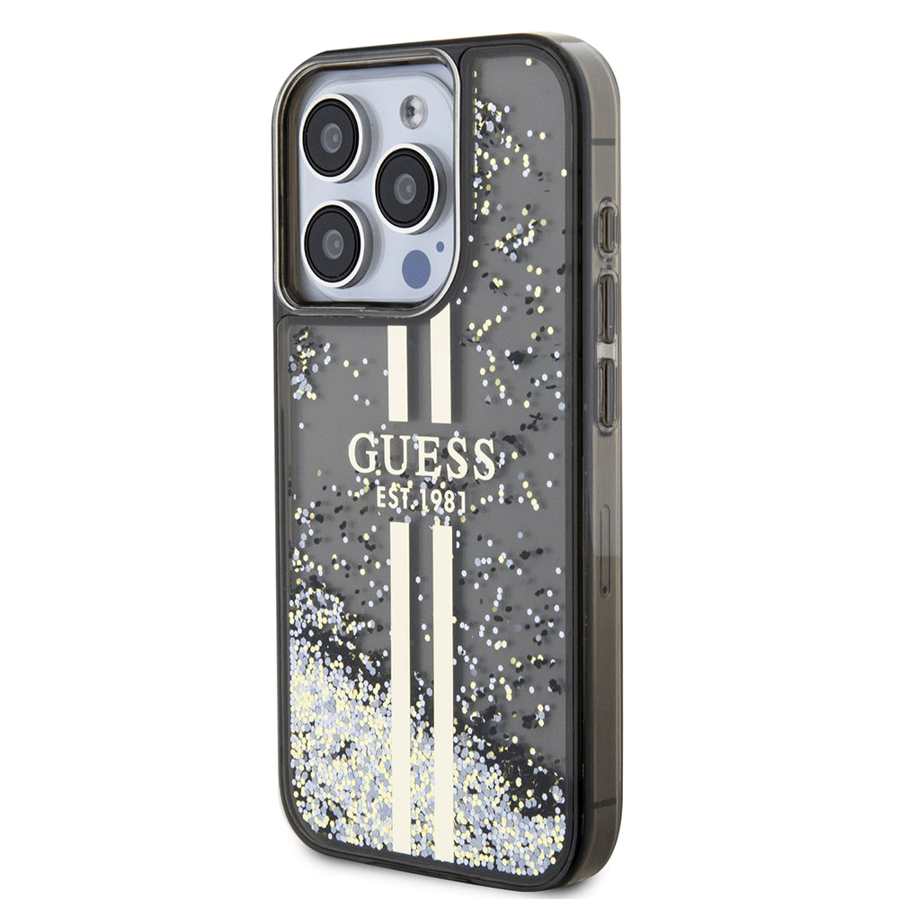 Puzdro pre Apple iPhone 15 Pro, Guess, Liquid Glitter Gold Stripe, Čierne