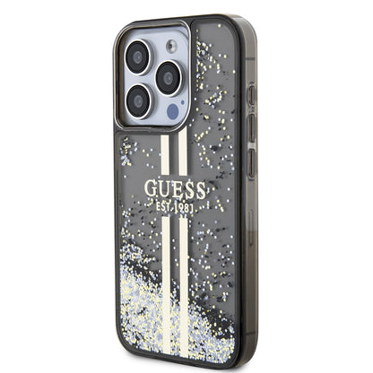 Puzdro pre Apple iPhone 15 Pro, Guess, Liquid Glitter Gold Stripe, Čierne