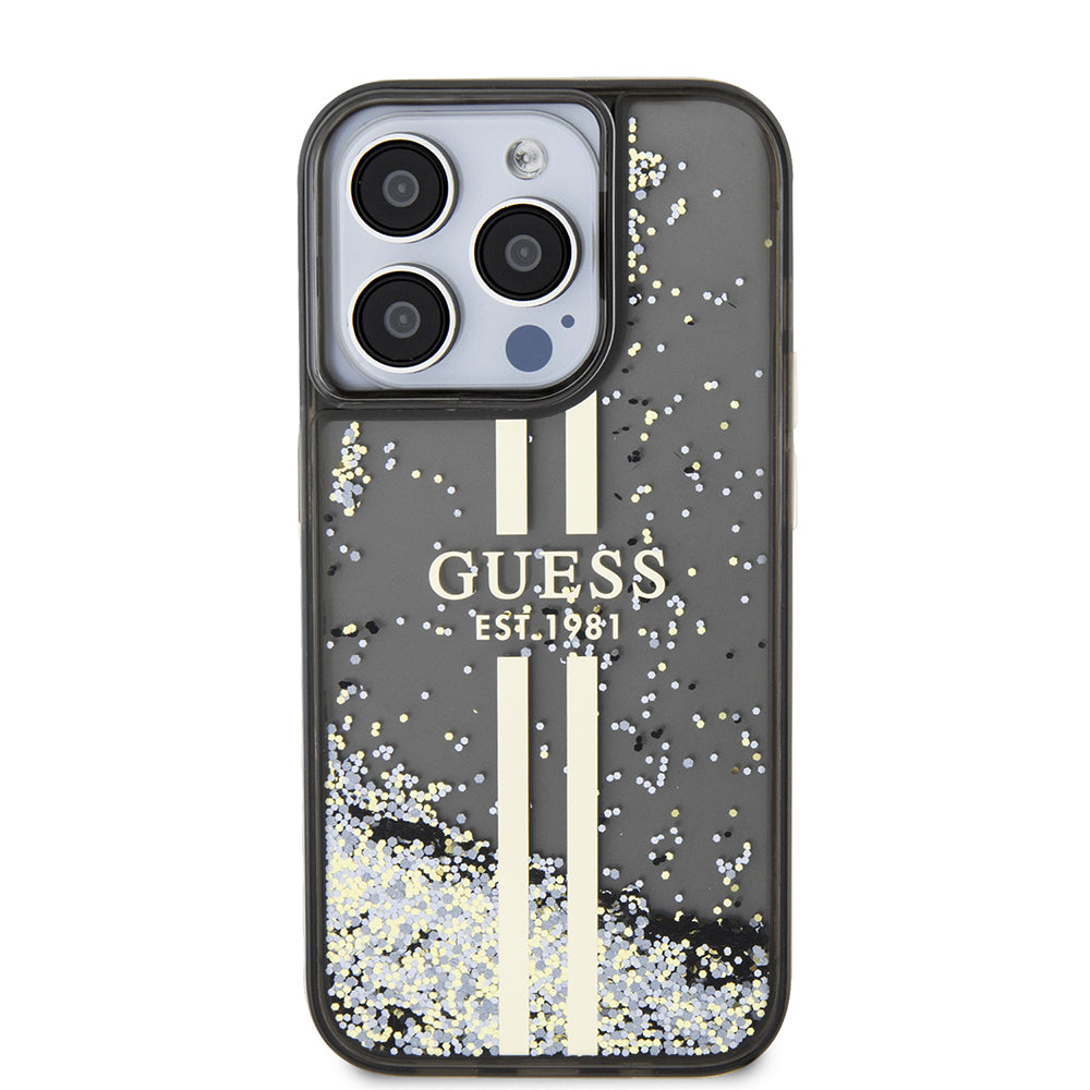 Puzdro pre Apple iPhone 15 Pro, Guess, Liquid Glitter Gold Stripe, Čierne