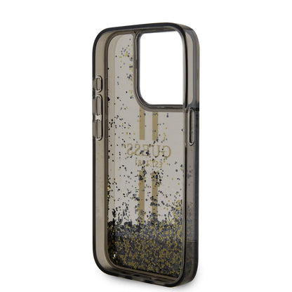 Puzdro pre Apple iPhone 15 Pro, Guess, Liquid Glitter Gold Stripe, Čierne