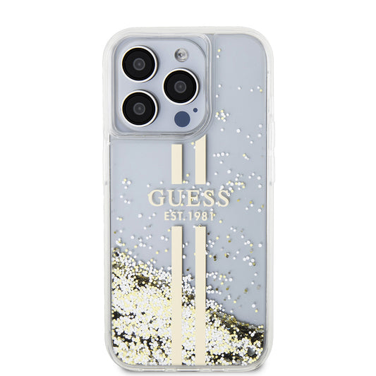Puzdro pre Apple iPhone 15 Pro, Guess, Liquid Glitter Gold Stripes, Transparent