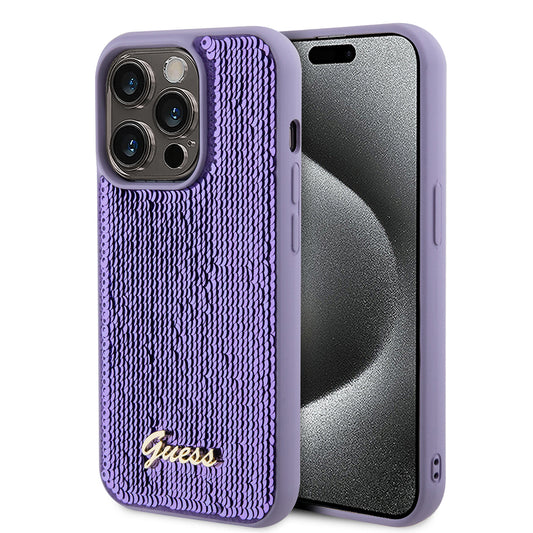 Puzdro pre Apple iPhone 15 Pro, Guess, Sequin Script Metal, Fialové
