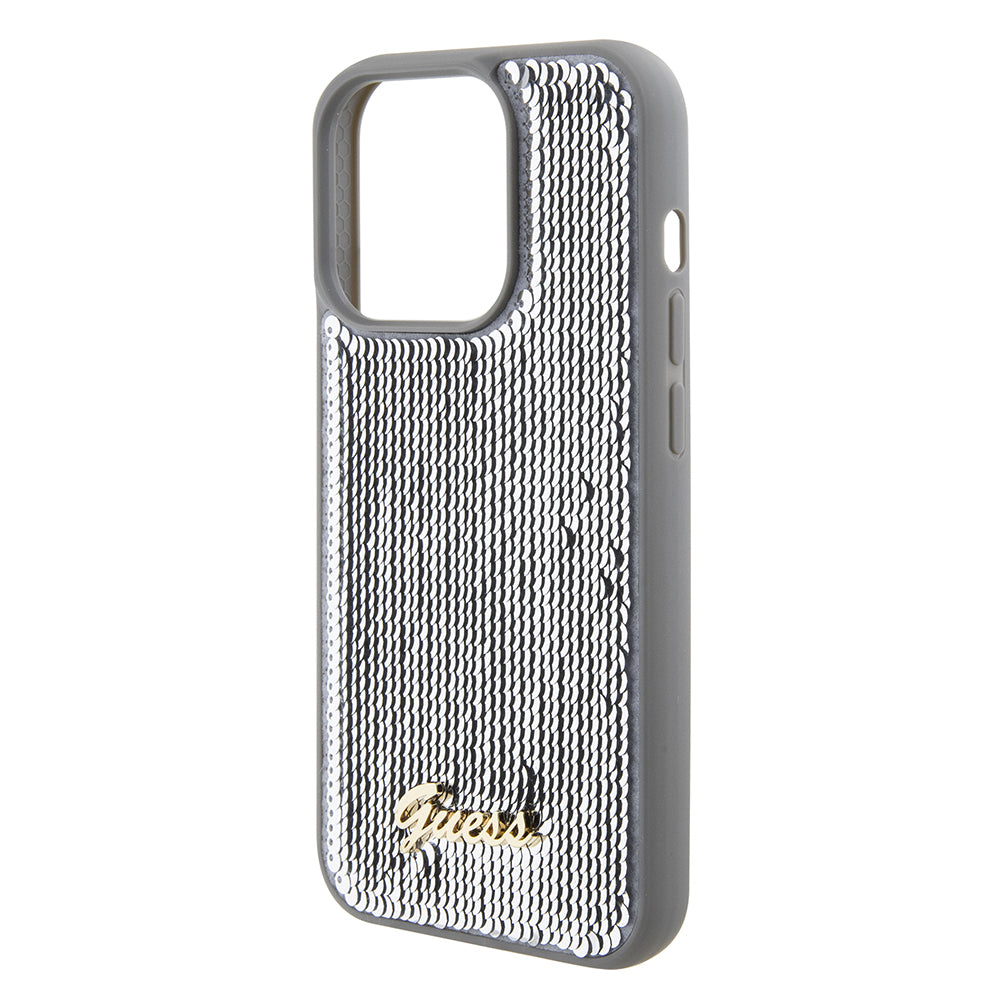 Puzdro pre Apple iPhone 15 Pro, Guess, Sequin Script Metal, Strieborné