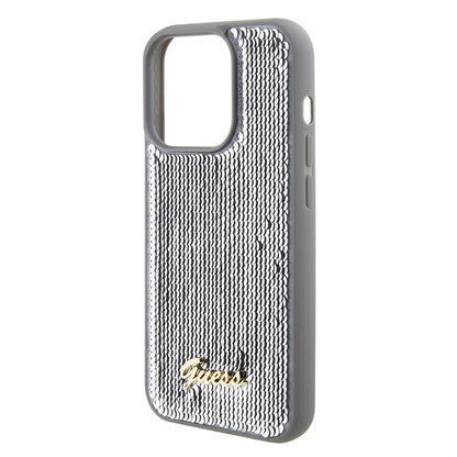 Puzdro pre Apple iPhone 15 Pro, Guess, Sequin Script Metal, Strieborné