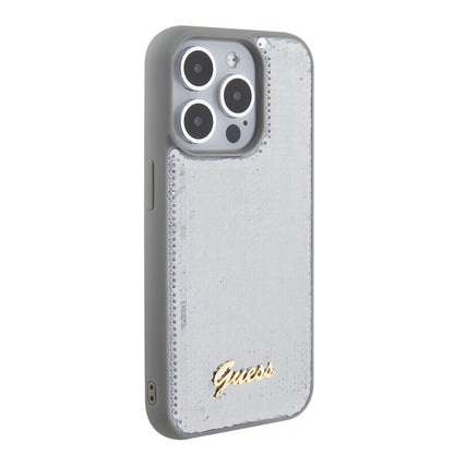 Puzdro pre Apple iPhone 15 Pro, Guess, Sequin Script Metal, Strieborné