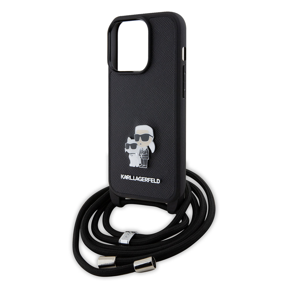 Puzdro pre Apple iPhone 15 Pro, Karl Lagerfeld, Saffiano Crossbody Metal Pin Karl & Choupette, Čierne