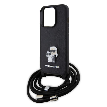 Puzdro pre Apple iPhone 15 Pro, Karl Lagerfeld, Saffiano Crossbody Metal Pin Karl & Choupette, Čierne