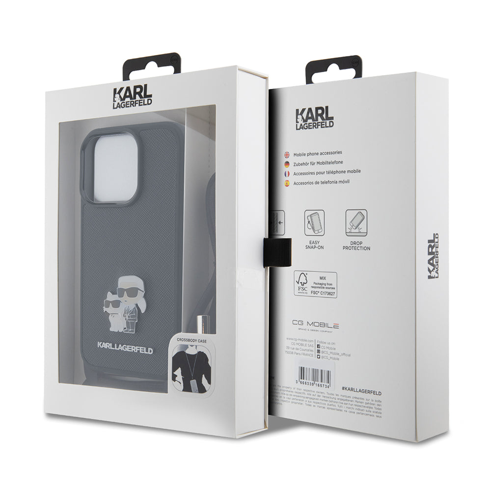 Puzdro pre Apple iPhone 15 Pro, Karl Lagerfeld, Saffiano Crossbody Metal Pin Karl & Choupette, Čierne