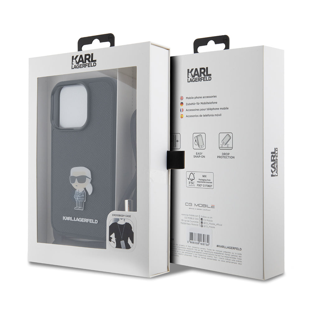 Puzdro pre Apple iPhone 15 Pro, Karl Lagerfeld, Saffiano Crossbody Monogram Metal Pin Karl, Čierne