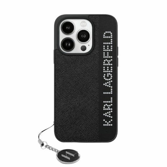 Puzdro pre Apple iPhone 15 Pro, Karl Lagerfeld, Saffiano Rhinestones & Charm, Čierne