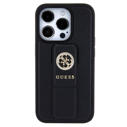Puzdro pre Apple iPhone 15 Pro Max, Guess, Grip Stand 4G Saffiano Strass, Čierne