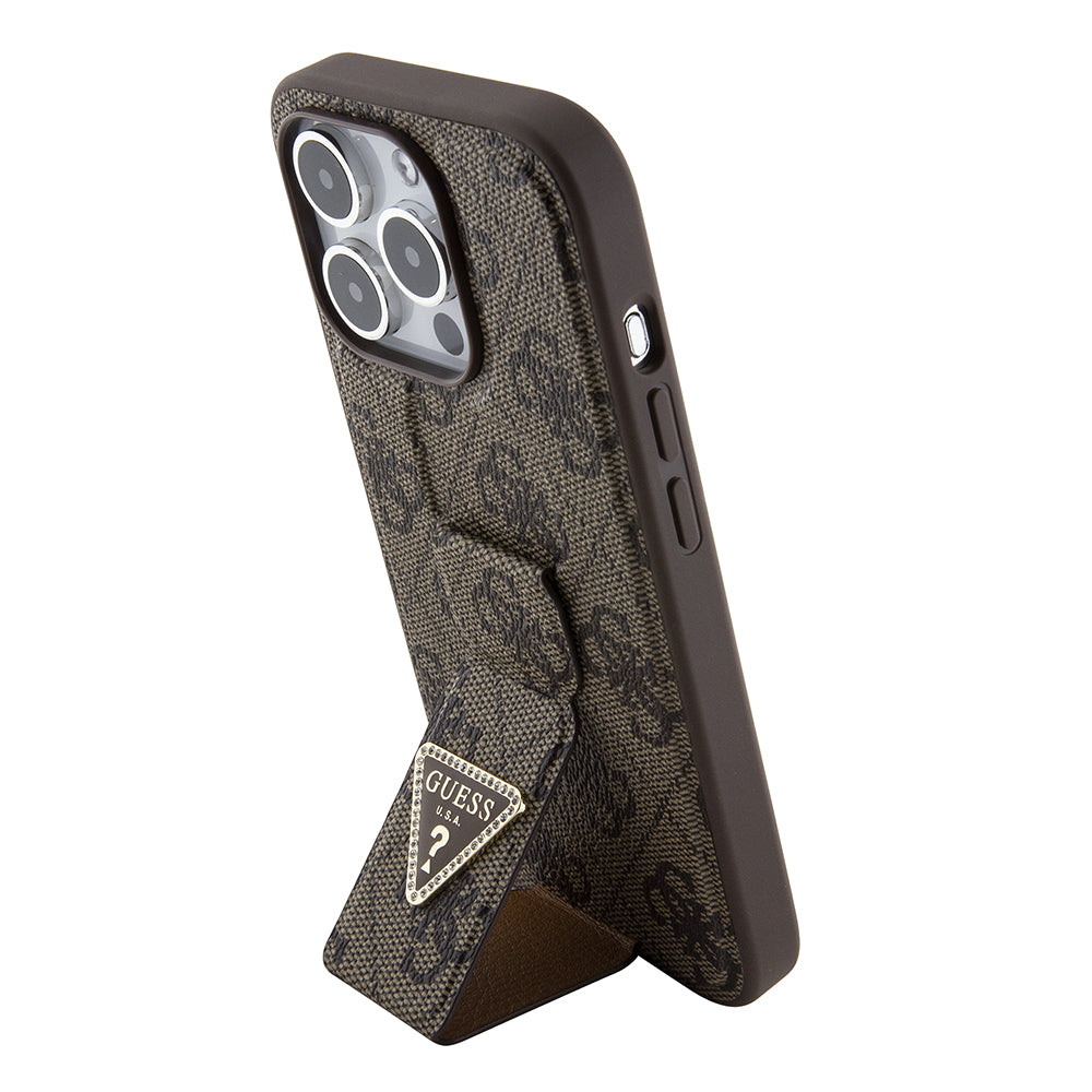 Puzdro pre Apple iPhone 15 Pro Max, Guess, Grip Stand 4G Triangle Strass, Hnedá