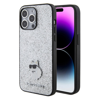 Case for Apple iPhone 15 Pro Max, Karl Lagerfeld, Glitter Fixed Choupette Logo, Silver