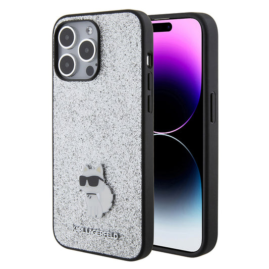 Puzdro pre Apple iPhone 15 Pro Max, Karl Lagerfeld, Glitter Fixed Choupette Logo, Strieborné.