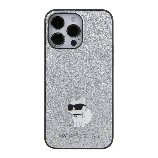 Puzdro pre Apple iPhone 15 Pro Max, Karl Lagerfeld, Glitter Fixed Choupette Logo, Strieborné.