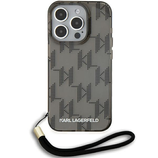 Puzdro pre Apple iPhone 15 Pro Max, Karl Lagerfeld, IML Luxury Monogram KL Pattern with Strap, Čierne