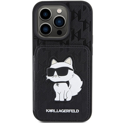 Case for Apple iPhone 15 Pro Max, Karl Lagerfeld, Saffiano Cardslots and Stand Monogram Choupette, Black