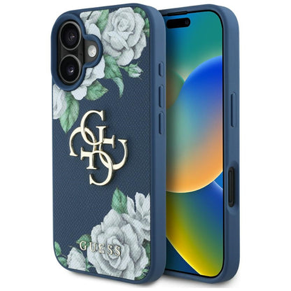 Puzdro pre Apple iPhone 16, Guess, 4G Grained Roses Big Logo, Modrá