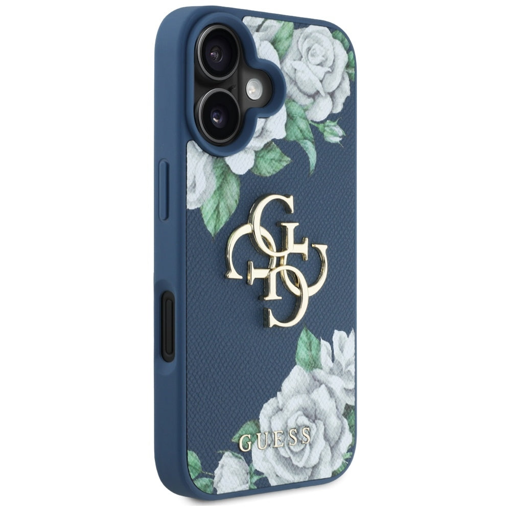 Puzdro pre Apple iPhone 16, Guess, 4G Grained Roses Big Logo, Modrá