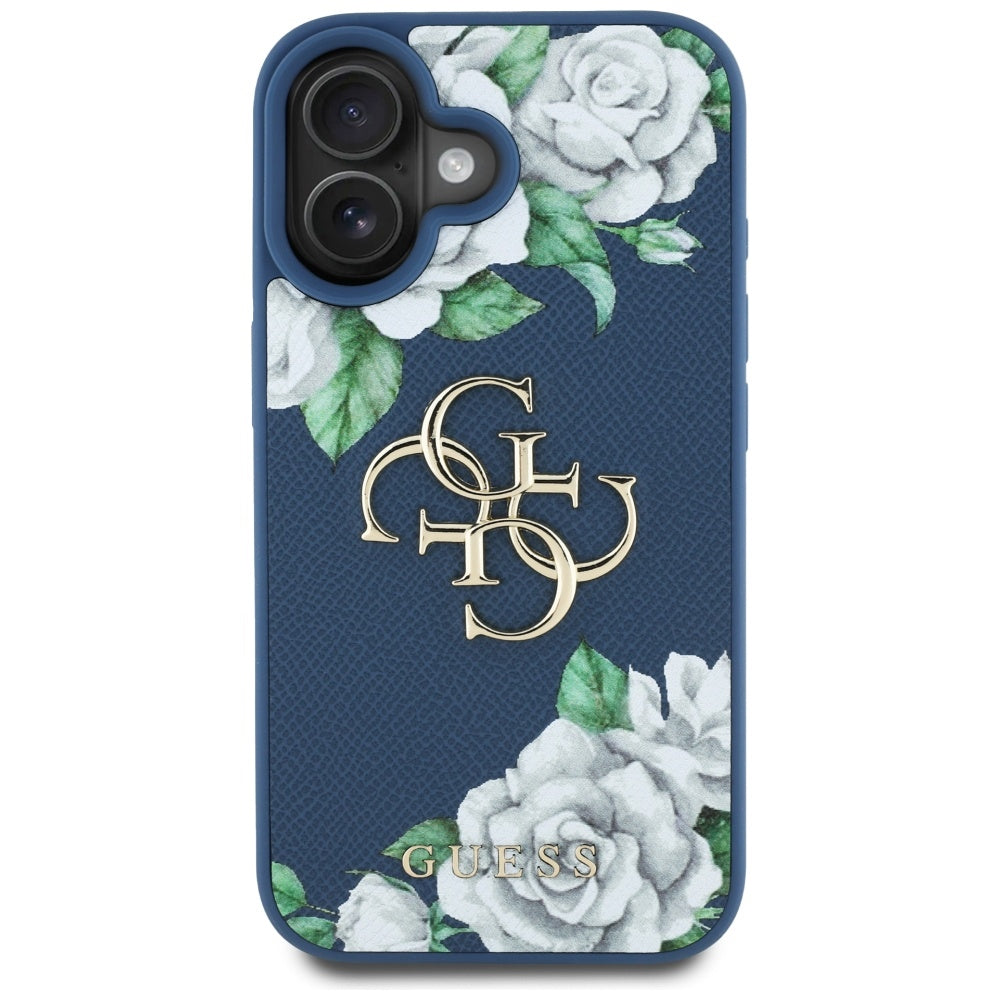 Puzdro pre Apple iPhone 16, Guess, 4G Grained Roses Big Logo, Modrá