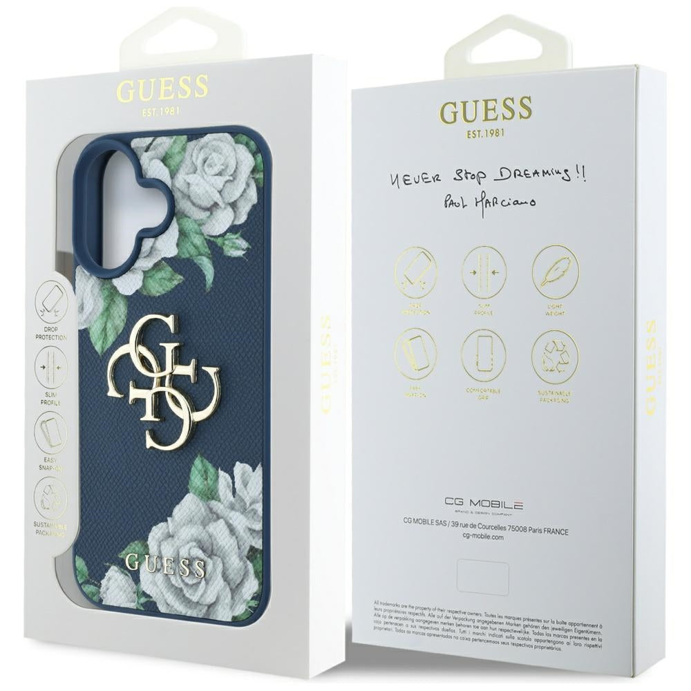 Puzdro pre Apple iPhone 16, Guess, 4G Grained Roses Big Logo, Modrá
