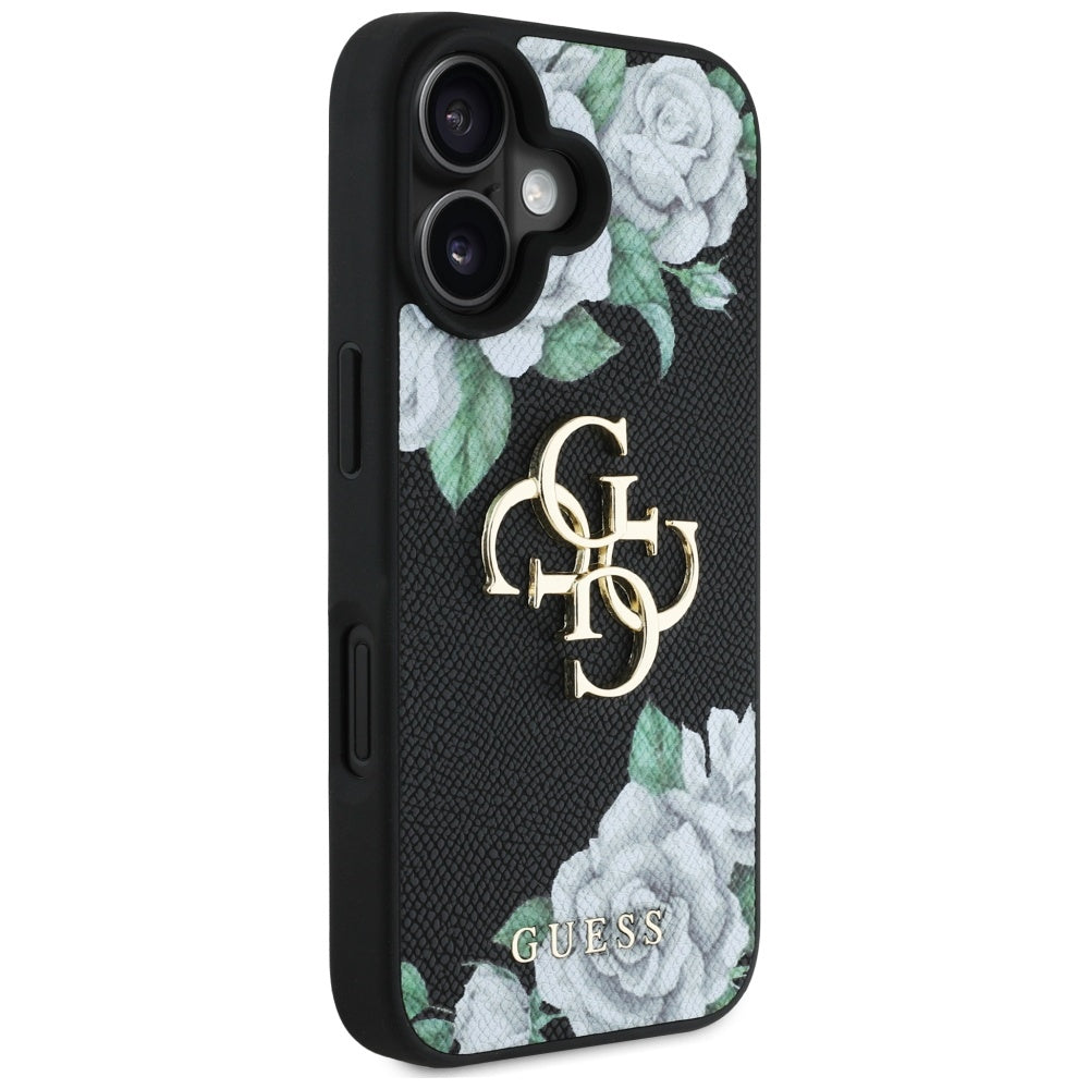 Puzdro pre Apple iPhone 16, Guess, 4G Grained Roses Big Logo, Čierne