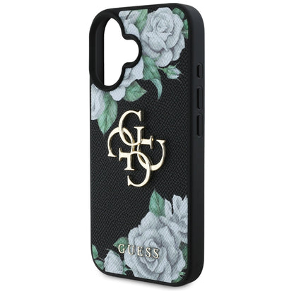 Puzdro pre Apple iPhone 16, Guess, 4G Grained Roses Big Logo, Čierne