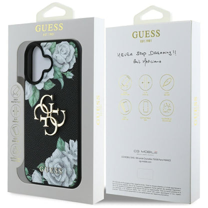 Puzdro pre Apple iPhone 16, Guess, 4G Grained Roses Big Logo, Čierne