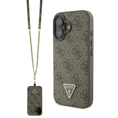 Puzdro pre Apple iPhone 16, Guess, Crossbody 4G Triangle Strass, Hnedé