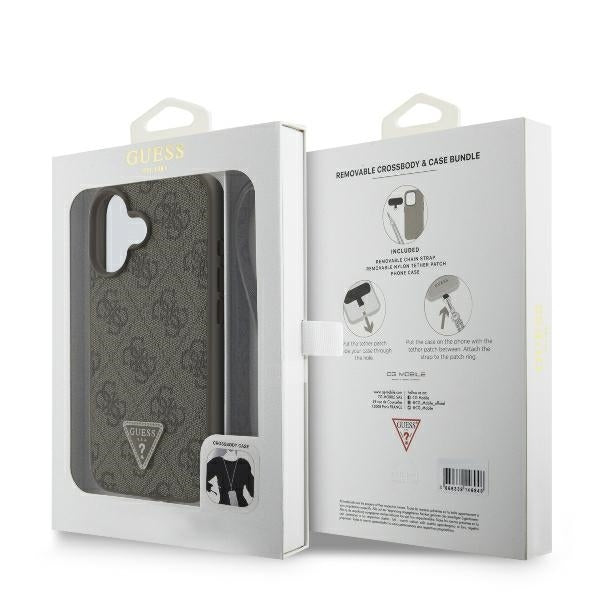 Puzdro pre Apple iPhone 16, Guess, Crossbody 4G Triangle Strass, Hnedé