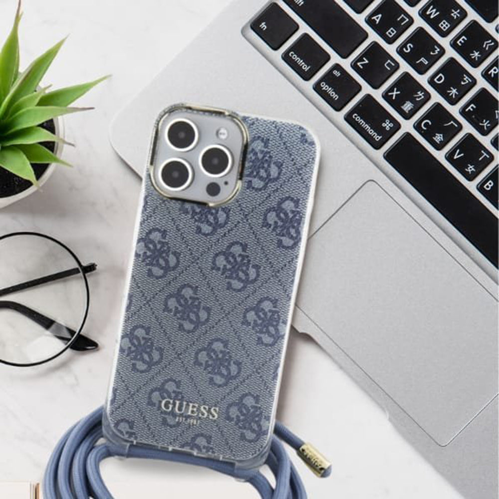 Puzdro pre Apple iPhone 16, Guess, Crossbody Cord 4G Print, Čierne
