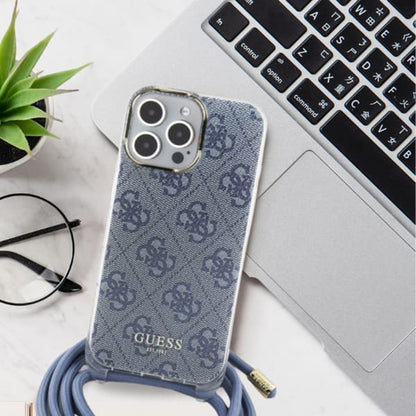 Puzdro pre Apple iPhone 16, Guess, Crossbody Cord 4G Print, Čierne