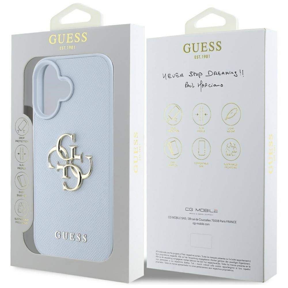 Puzdro pre Apple iPhone 16, Guess, Grained Big 4G Logo Small Classic Logo, Modrá