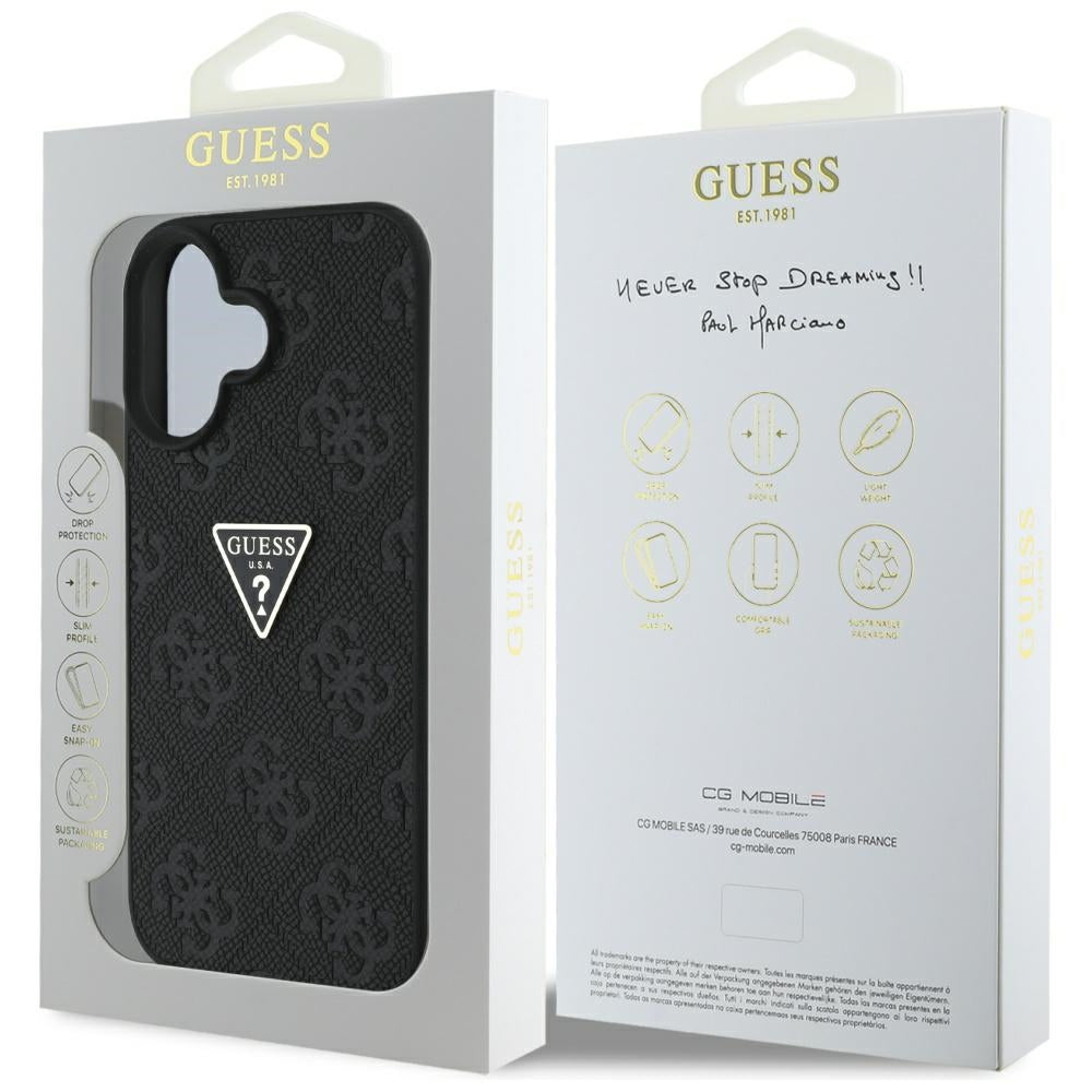 Puzdro pre Apple iPhone 16, Guess, Hot Stamp 4G Pattern Triangle Logo, Čierne