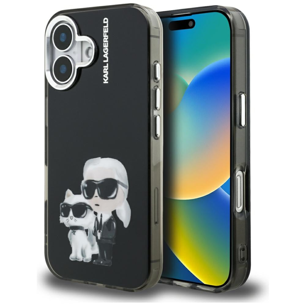 Puzdro pre Apple iPhone 16, Karl Lagerfeld, IML Aquarelle Logo Karl & Choupette, Čierne