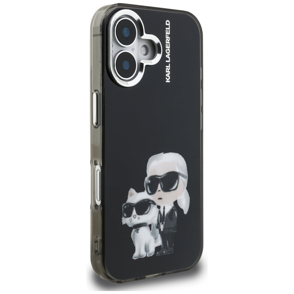 Puzdro pre Apple iPhone 16, Karl Lagerfeld, IML Aquarelle Logo Karl & Choupette, Čierne