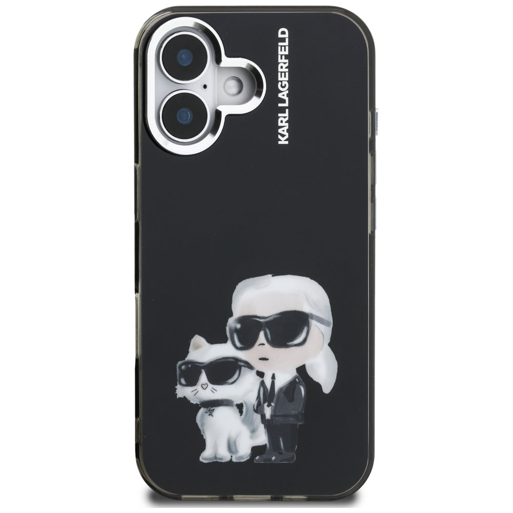 Puzdro pre Apple iPhone 16, Karl Lagerfeld, IML Aquarelle Logo Karl & Choupette, Čierne