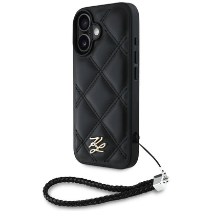 Case for Apple iPhone 16, Karl Lagerfeld, Quilted Initial Logo & Chain Strap, Black