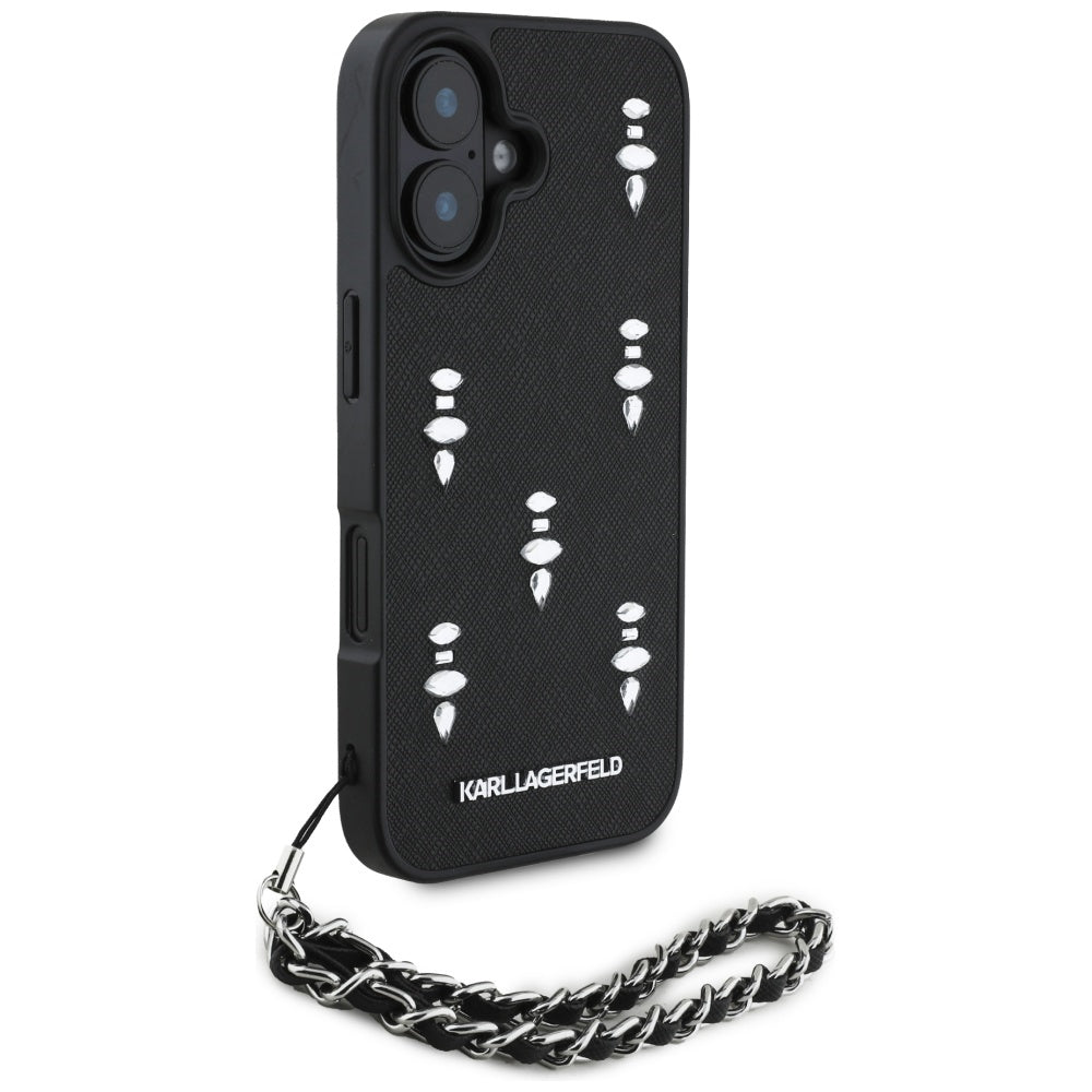 Puzdro pre Apple iPhone 16, Karl Lagerfeld, Saffiano Crystals & Charm, Čierne