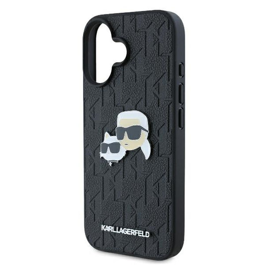 Case for Apple iPhone 16 Plus, Karl Lagerfeld, Monogram Karl & Choupette's Heads, Black